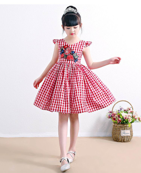 Wholesale 2019 Summer Girls Dresses Bohemian Style Red Plaid Embroidery Holiday Sundress Children Clothing 3-11T H1005