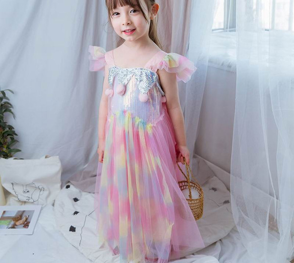 Wholesale 2019 Summer Princess Dress for Girls Sequins Pom pom Rainbow Gauze Beach Holiday Dress Children Clothing 2-6T E9151