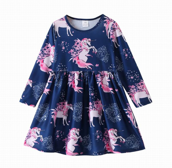 Wholesale Unicorn Dress for Girls Navy Pink Polka Dot Cartoon Long Sleeve Dresses Children Clothes 2-6T FY001