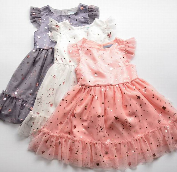 Wholesale 2019 Spring Summer Princess Dress for Girls Glitter Star Gauze Flare Sleeve Dress Children Clothing 3-8T C027