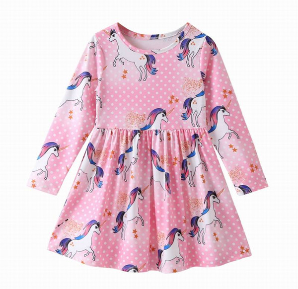 Unicorn Dress for Girls Navy Pink Polka Dot Cartoon Long Sleeve Dresses Children Clothes 2-6T FY001