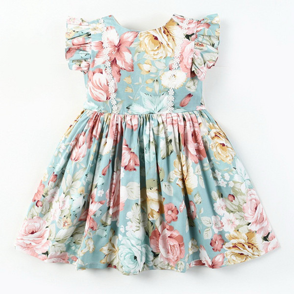 Wholesale 2019 Summer New Girl Dress Floral Print Flare Sleeve Cotton Dress Children Clothing 1-6 Years E1706