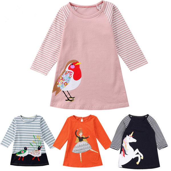 Baby girls Striped unicorn dress Spring Autumn Long sleeve Children print princess dress Boutique Kids Clothing 4 colors C5688