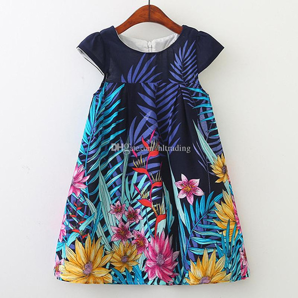 2019 new design baby girls floral dress Flower Leaf Printed Princess Dress children casual dresses kids boutiques clothing C6473