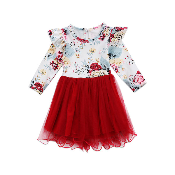 Baby girls Floral lace Mesh dress Children Flying sleeve flower print princess dresses 2019 spring Autumn Boutique Kids Clothing C5698