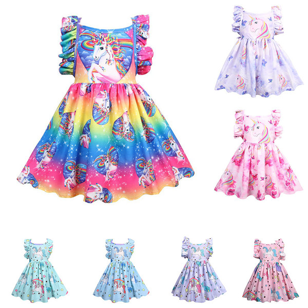 Baby girls rainbow unicorn dress children Backless Flying sleeve princess dresses cartoon summer Boutique kids Clothes C5583