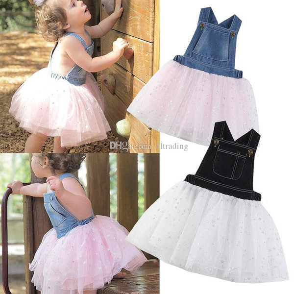 Baby girls strap Lace dress Children Denim star Mesh Tutu princess dresses 2019 summer Boutique Kids Clothing suspender dress C6446