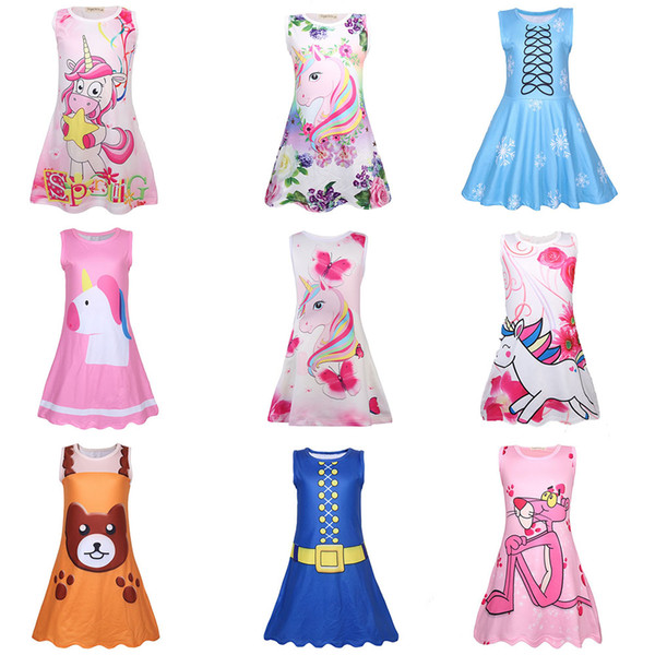 Baby girls rainbow unicorn Pink Panther print dress children sleeveless princess dresses cartoon summer Boutique kids Clothes 13colors C5584