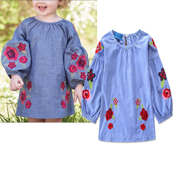 Baby girls Embroidered Flower dress INS Children Puff Sleeve princess dresses 2018 fashion Boutique Kids Clothing C5218