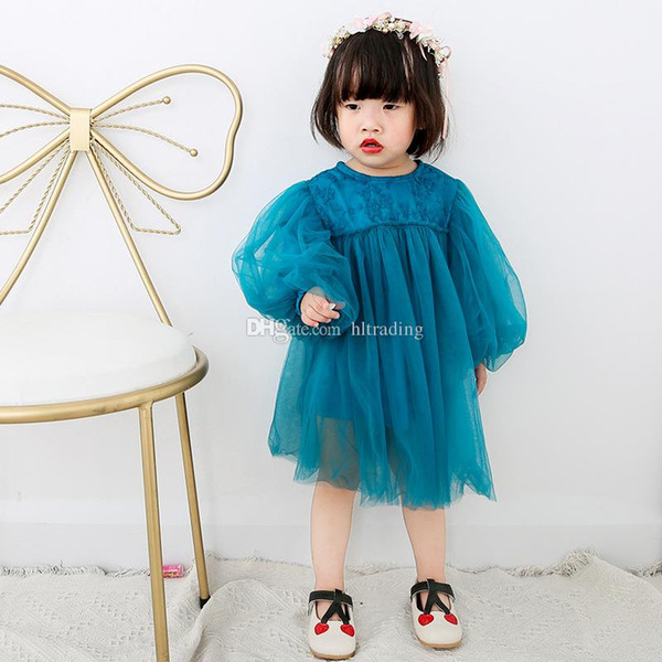 Baby girls Lace dress Children Puff Sleeve Mesh princess dresses 2019 summer Boutique Kids Clothing 3 colors C5750