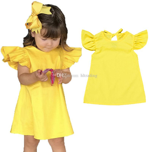 INS Baby girls yellow dress children Flying sleeve Bow princess dresses 2019 summer Fashion boutique Kids Clothing C5696