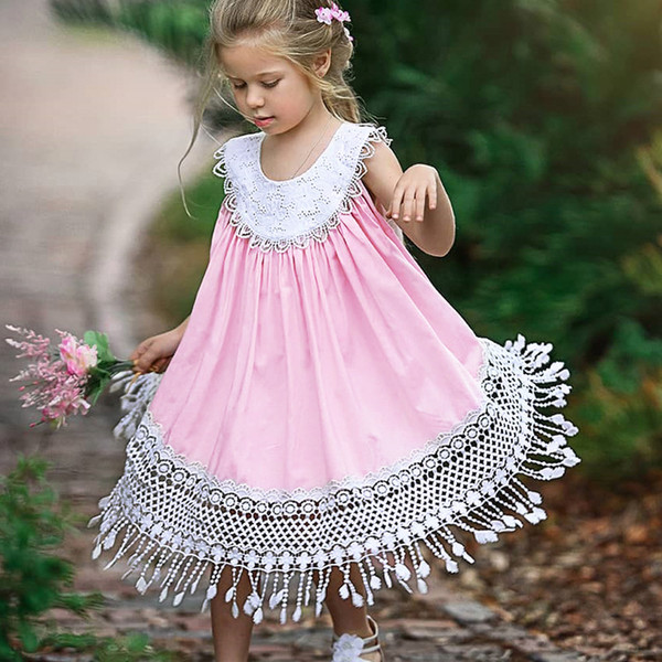 INS Baby girls Hollow lace dress children Tassel sleeveless princess dresses 2019 summer Fashion boutique Kids Clothing 2 colors C5743