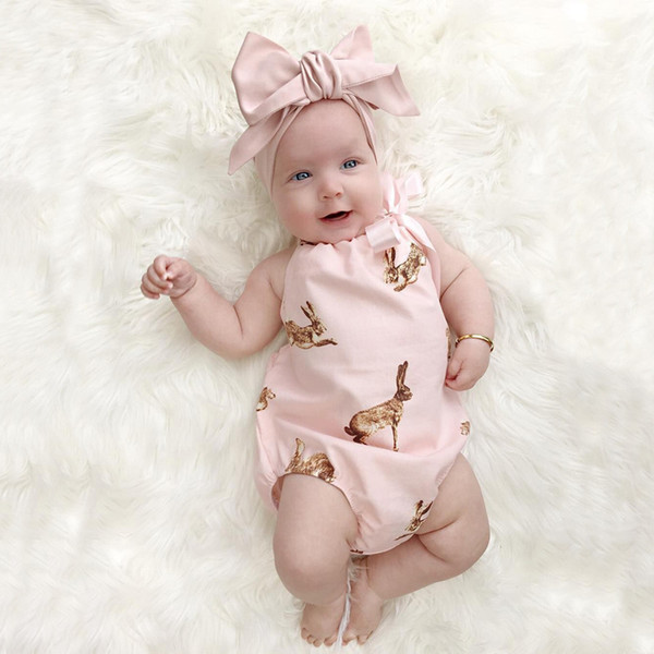 Baby INS kangaroo Hair band Rompers Kids Cotton Bow print romper 2pcs sets suits Girls Ruffled Jumpsuit Toddler Infant clothes