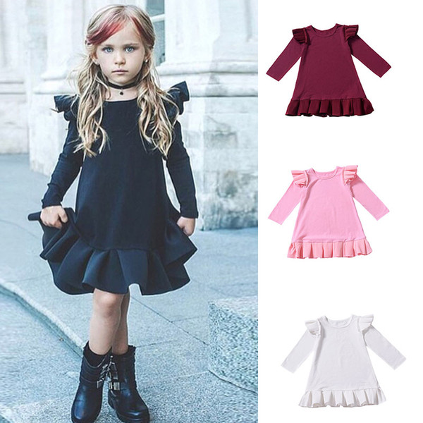 Baby girls Flying sleeve dress Spring Autumn Children ruffle Pleated princess dress Boutique Kids Clothing 4 colors C5665