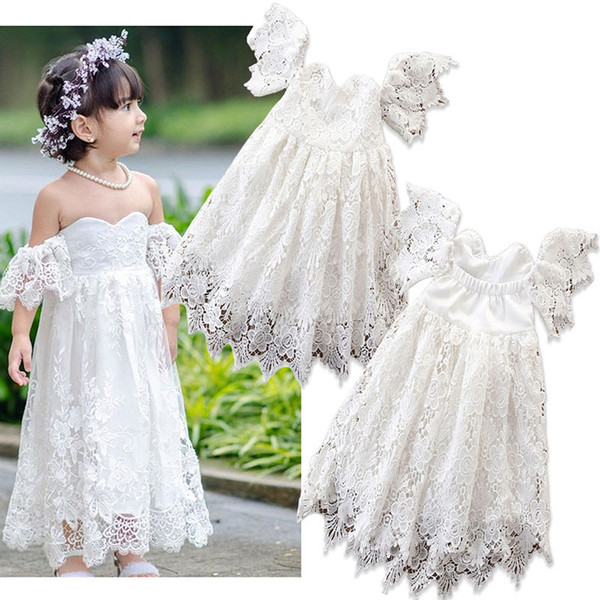 Baby girls off shoulder Lace dress Children Flying sleeve Mesh Tutu princess dresses 2019 summer Boutique Kids Clothing 2 colors C6444