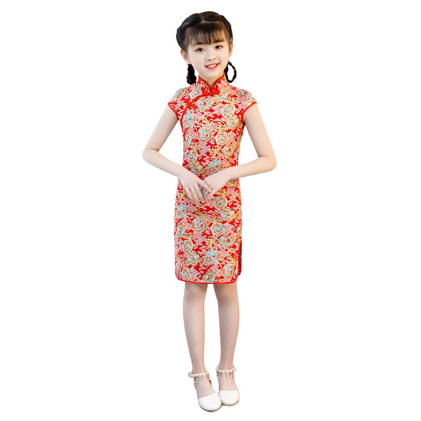 Shanghai Story Blend Cotton Flower Embroidery Chinese Traditional Dress For Children Kids Cheongsam Girls Qipao Size 90cm-140cm