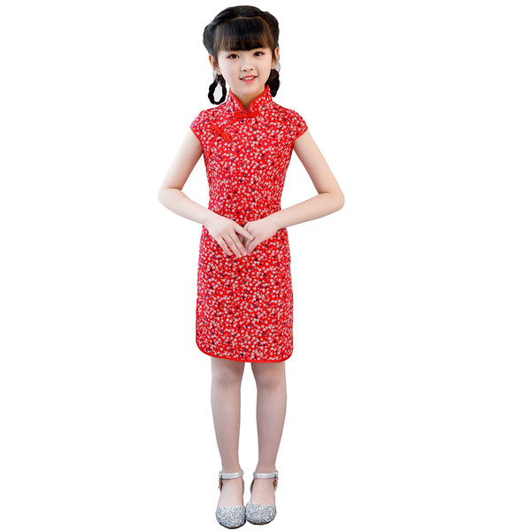 Shanghai Story Blend Cotton Flower Print Chinese Traditional Dress For Children Kids Cheongsam Girls Qipao Size 90cm-140cm