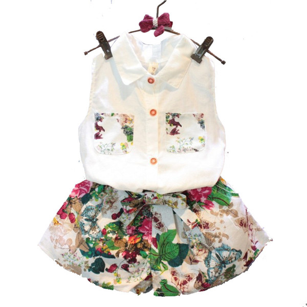 2018 New Fashion Summer Children Girl Set Kids Clothes Flowers Chiffon Halter Tops + Bows shorts Baby Girls Clothing Sets Suits