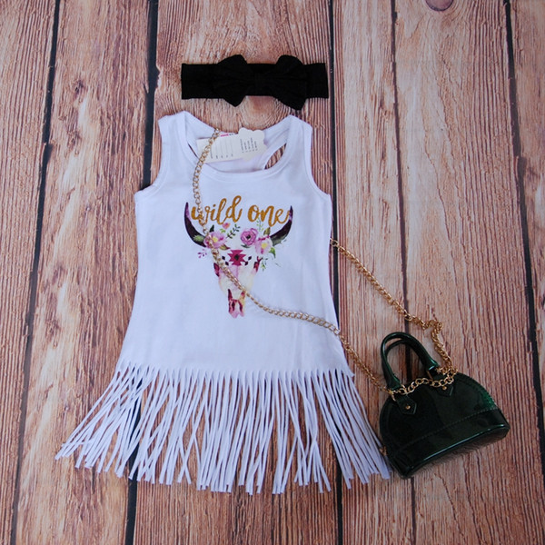 Boho Babe Bull Dress Fringe Girls Dresses Glitter Gold Wild One Tassels Dresses for Baby Girls White Fringe Dress Boutique Girls Clothes