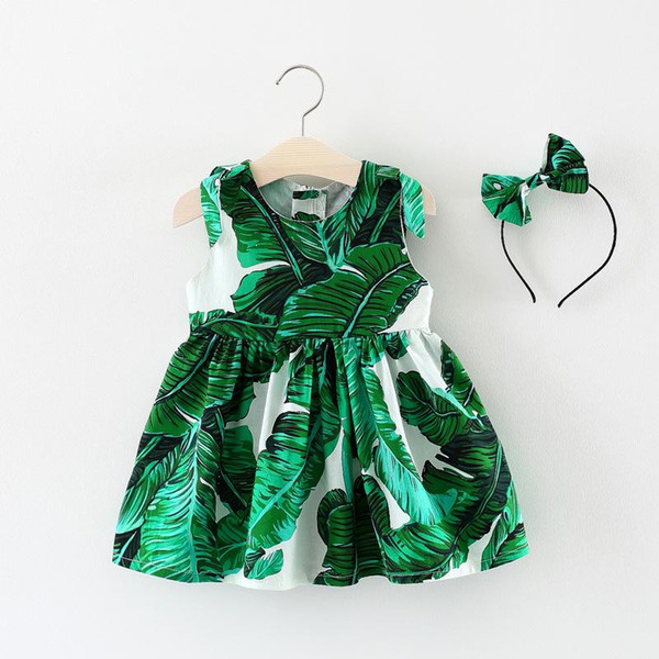 Baby Girl Leaf printed Dress Sleeveless Summer Toddler Clothing with Bowknot hair grip comfortable material for Infant