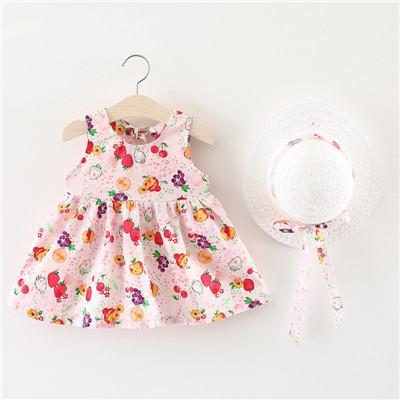 Cute Baby Girls Short Sleeve Dress Summer Newborn Baby Girl Flowers sleeveless dress baby beach dress skirt + hat 2pcs