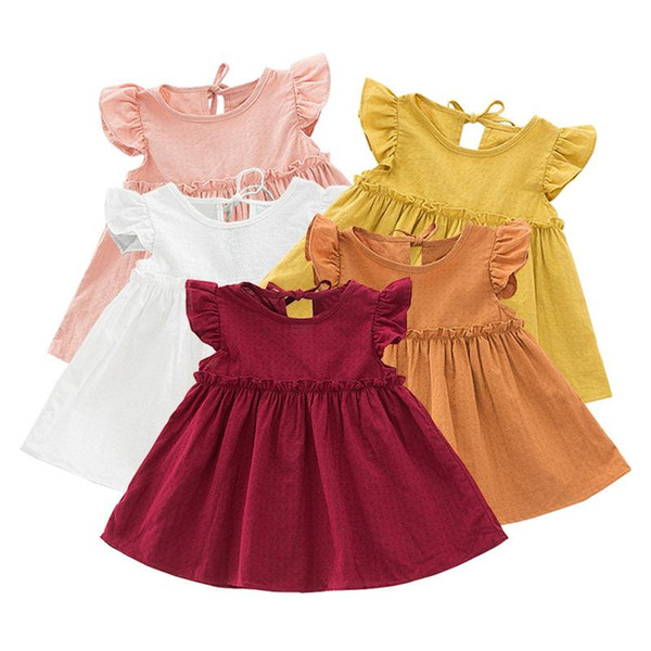2018 ins hot style children's wear small and medium-sized female baby girls cotton fly sleeve dress pure color fold dress