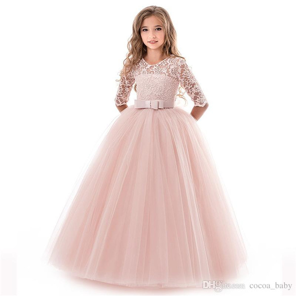 5-14Y Kids Girls Long White Lace Flower Party Ball Gown Prom Dresses Kid Girl Princess Wedding Children First Communion Dress