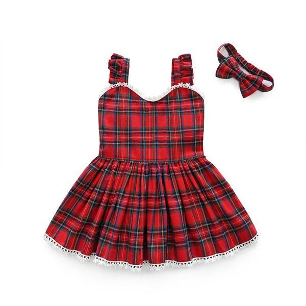 2019 girls' dress spring plaid lace suspender princess skirt child hair belt children's skirt