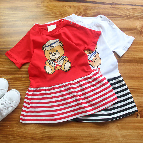 Girl Dress 2018 A Summer Little Bear Printing Girl Skirt Stripe Short Sleeve Dress Fashion Design