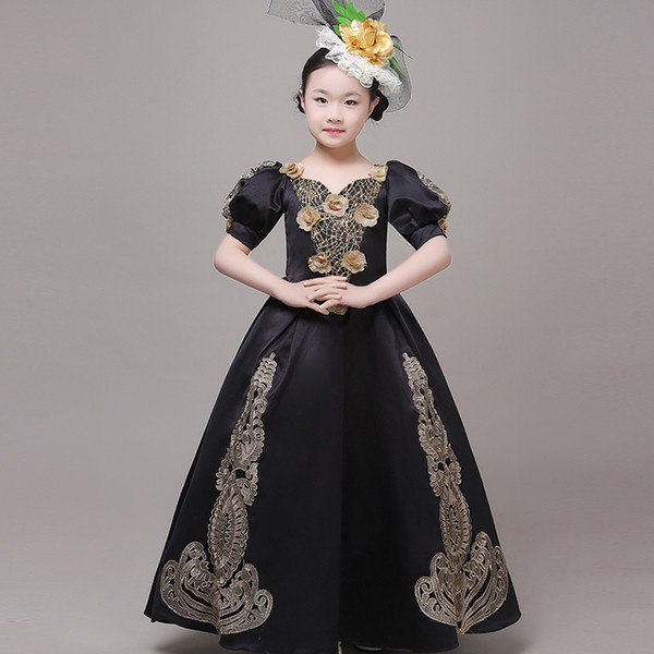 18th Century Black Children Marie Antoinette Dress Gold Appliques Evening Christmas kids Gowns Dance Costumes