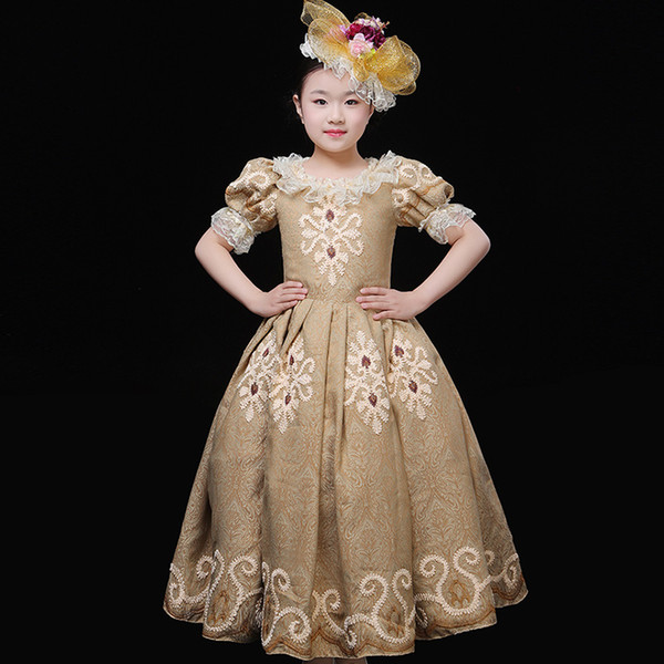 2019 Summer Children Champagne Masquerade Party Dress O-Neck Short Sleeve Lace Christmas Stage Ball Gowns Costumes