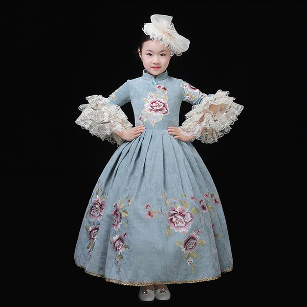 2019 Retro Children Marie Antoinette Wedding Party Dress 18th Century Flowers Embroidery Stage Ball Gowns Customized