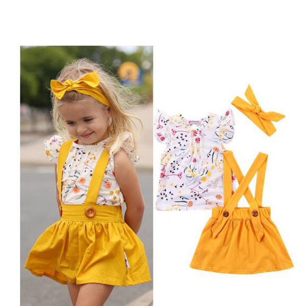 Toddler girl summer flower dress set With hair band 3pcs Cotton top strap dress Children's princess costume Floral dress baby kids clothing