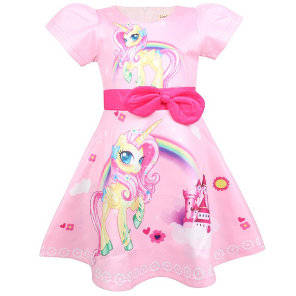 Baby Girls Pink Unicorn Dress 2019 Kids Princess Dresses For Girl Toddler Summer Clothes Children Bows Dress For 100-140cm