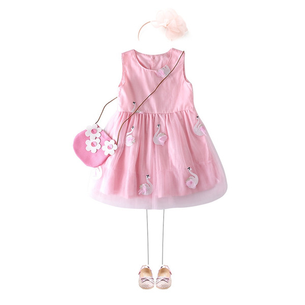 Baby Girl Pink Swans Dress 2019 Girls Elegant Summer Clothes Kids Princess Clothes Children Casual Dresses For 90-140cm