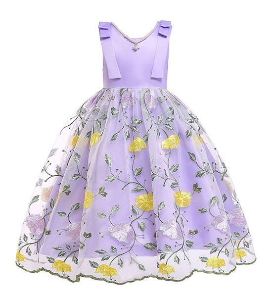 Baby Girls Embroidery Flowers Dress 2019 Kids Dresses For Girls Princess Dress Infantil Party Dress Girl Wedding Clothes With Pearl Necklace