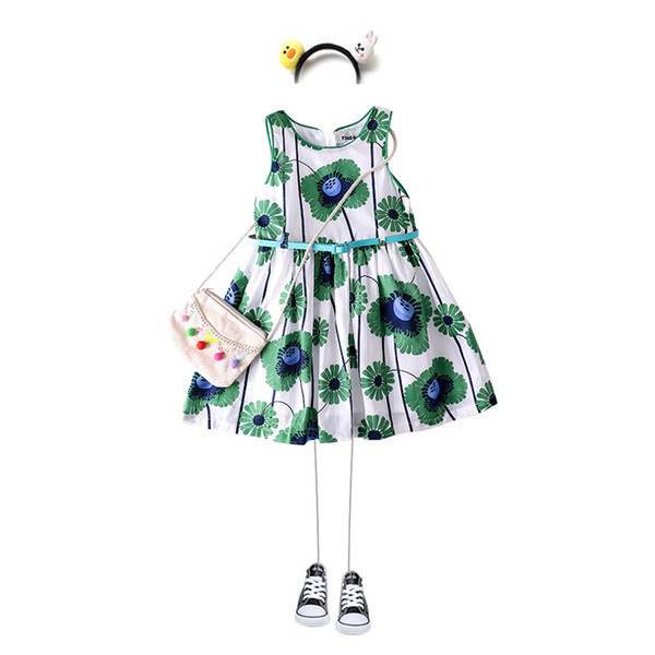 Wholesale Girls Green Sunflowers Dress Kids Cotton Dress For Girls Casual Dress 2019 Girl Summer Clothes For 90-140cm