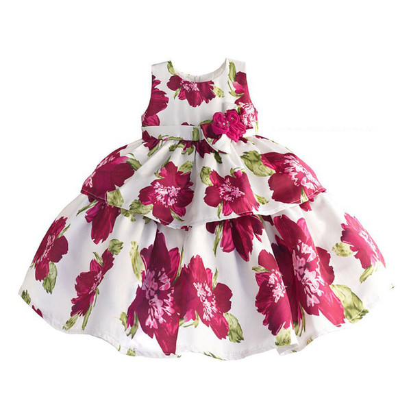 Girls Red Flowers Dress 2019 Kids Dresses For Girls Girl Princess Layered dresses Baby Girl Summer Clothes For 1-6Y