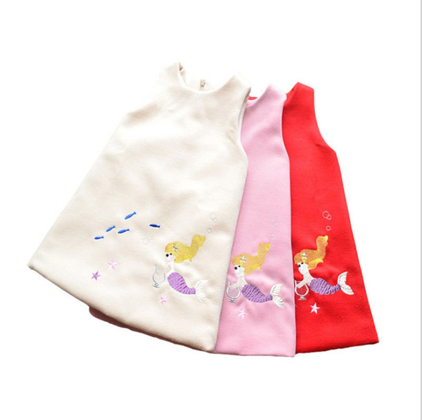 Baby Girls Little Mermaid Dresses 2018 Kids Woolen Dress Children Embroidered Autumn Clothes Girl Cartoon Dress For 90-140cm