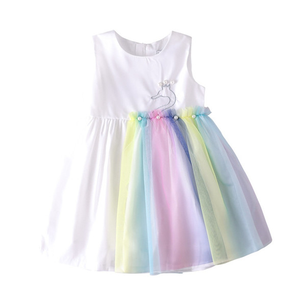 Girls Princess Swan Dress 2019 Kids Summer Dresses For Girls Girl Raibow Mesh Dress Girl Casual Dress For 90-140cm