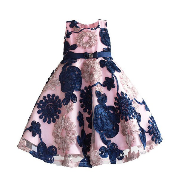 2017 childrens pink discifloral princess dresses kids party dress baby girls bow dress toddler wedding dress for 3-8T