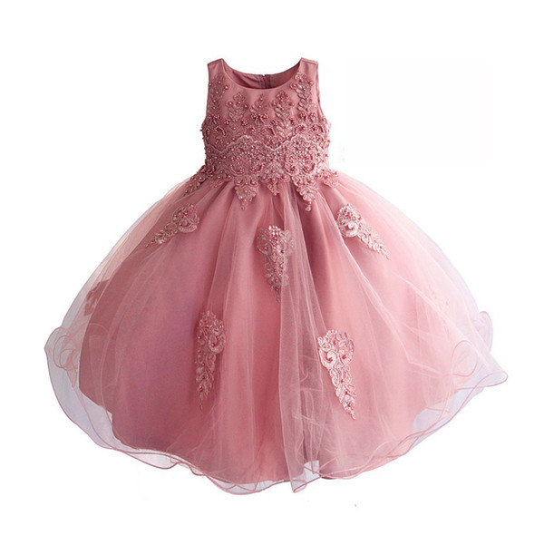 Girls Pink Lace Beading Dress 2019 Kids Summer Dresses For Girls Princess Dress Girl Party Evening Clothes For 4-9T