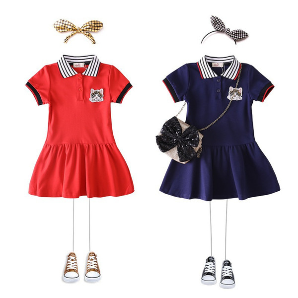 Baby Girl Preppy Style Dress 2019 Girls Little Cat Clothes Kids Short Sleeve Clothes Children Summer Dresses For Girls For 90-130cm