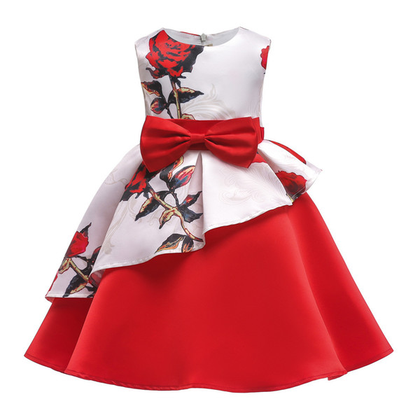 quality Kids Girls Party Dress Children Fashion Silk Print Bow Wedding Dress Girls Princess Style Dress Clothing Baby Costume