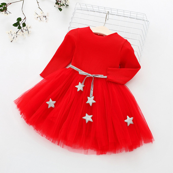 quality 2019 kids lovely clothing dress children girls cotton solid lace dress star sashes long sleeves dress for princess girl