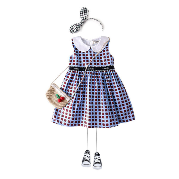 2019 Summer New Pattern Girl Pure Cotton Lattice Skirt Dress Princess Skirt Baby Lapel Clever Skirt