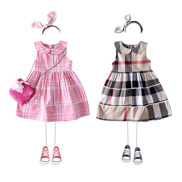 2019 Summer New Pattern Girl Lattice Dress Son Children Pure Cotton Lapel A Doll Skirt Vest Skirt Generation Hair