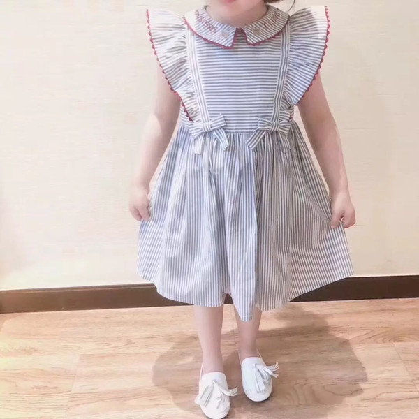 Children's Clothes Girl Pure Cotton Stripe Dress Summer New Pattern Lapel Lovely Lotus Leaf Sleeve A Doll Skirt