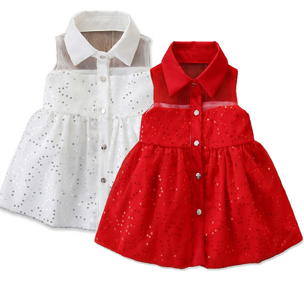 2019 summer new children's clothing girls sleeveless ladies cute dress baby mesh lapel sequined princess dress