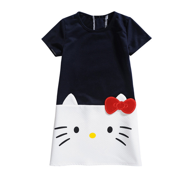 Summer Girls Short Sleeve Cute Cat Print Bow Dress A Word Girl Casual Dress